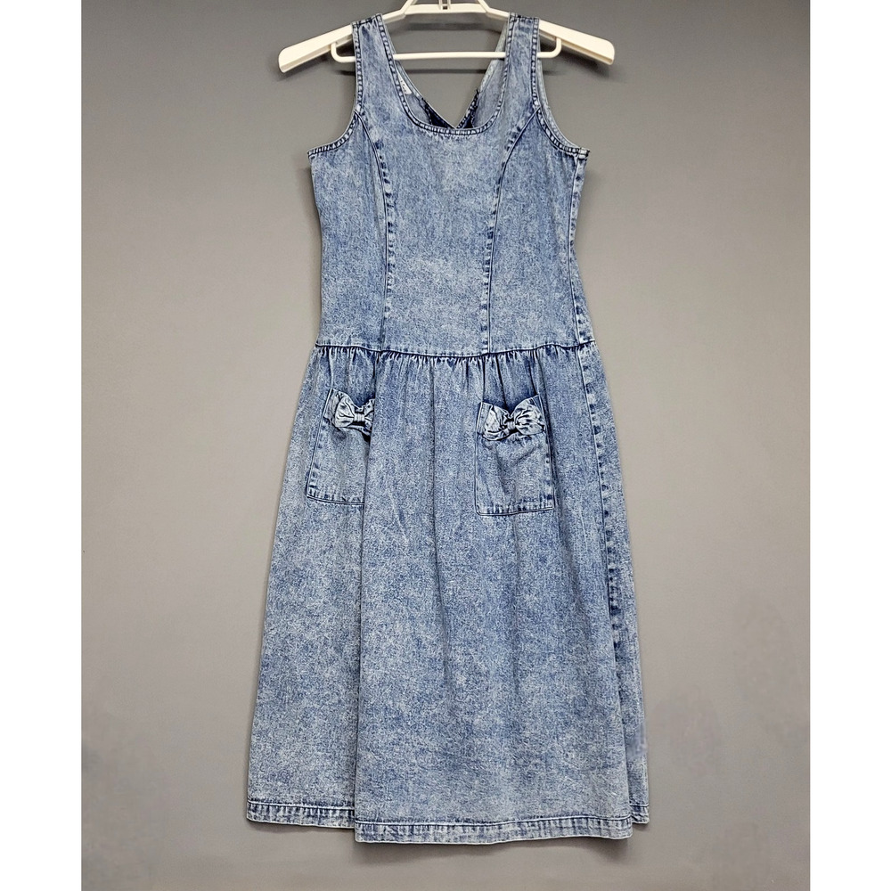 Vintage Mizz‎ Lizz Denim Dress Womens 7/8 Acid Wash Sleeveless Pockets Bows 90s